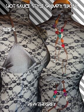 HTF Hot Sauce Style Pewter Grey Triangle Slider Beaded Macrame Skimpy Bikini S
